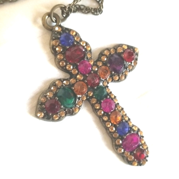 Rhinestone Cross Necklace Brass - Picture 3 of 6